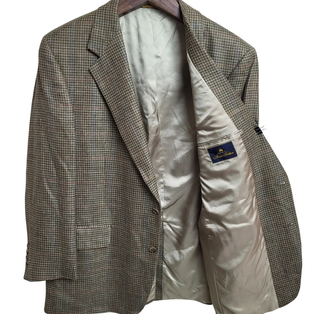Brooks Brothers 42R Green Tan Houndstooth Wool‎ Sport Coat Menswear Blazer USA